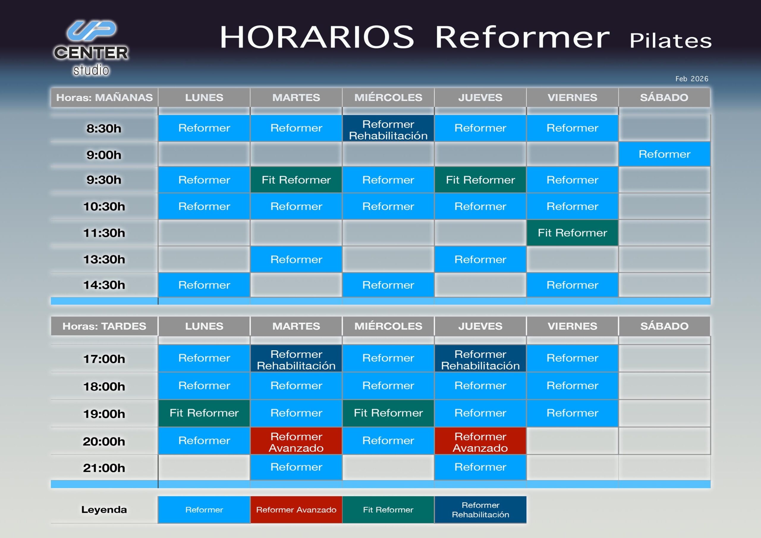 Horario Reformer UP Center Studio febrero 2026